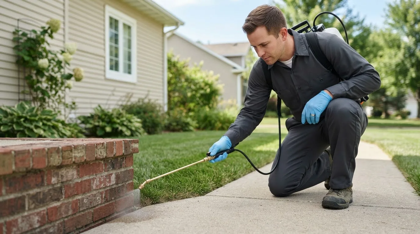 Pest control technician treating a home near Lindsay, NE