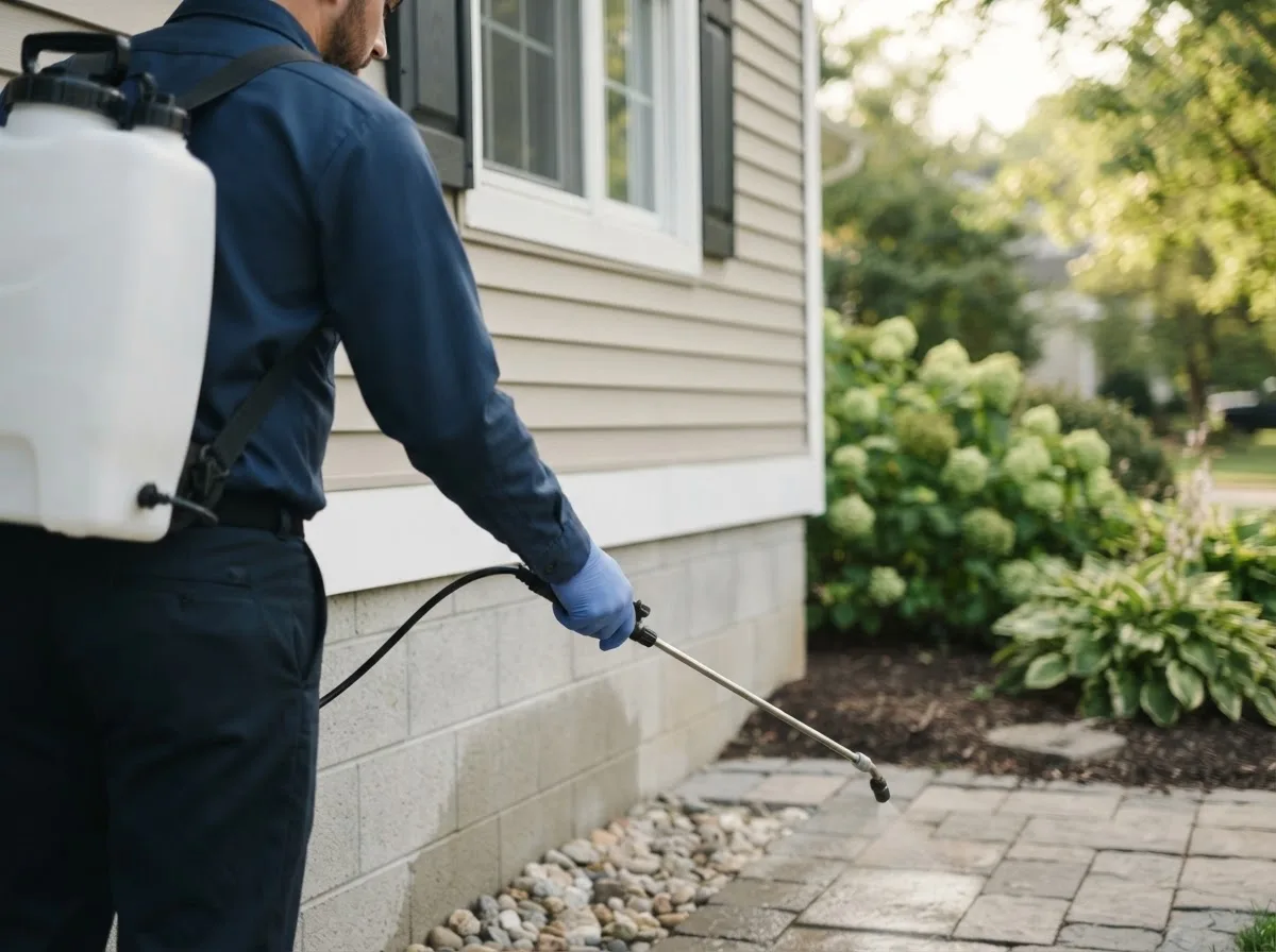 Pest control technician inspecting a home in Lindsay, NE